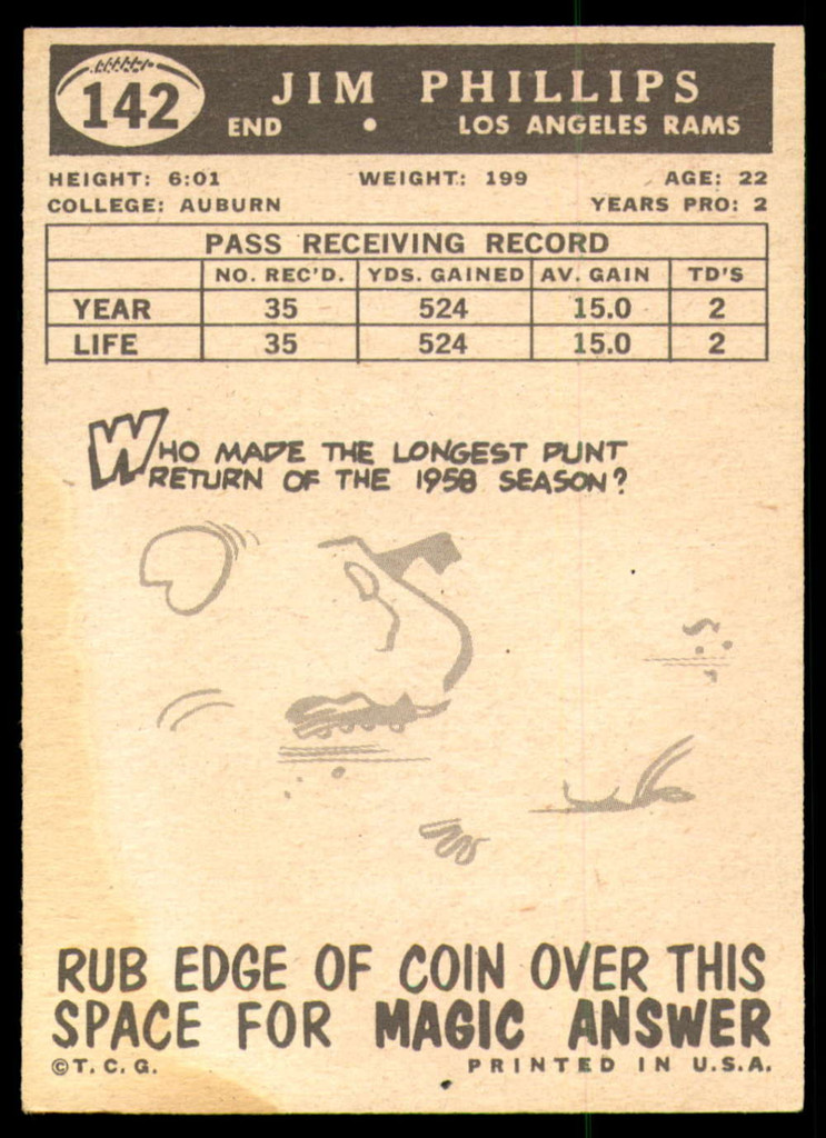 1959 Topps #142 Jim Phillips Ex-Mint RC Rookie  ID: 266163