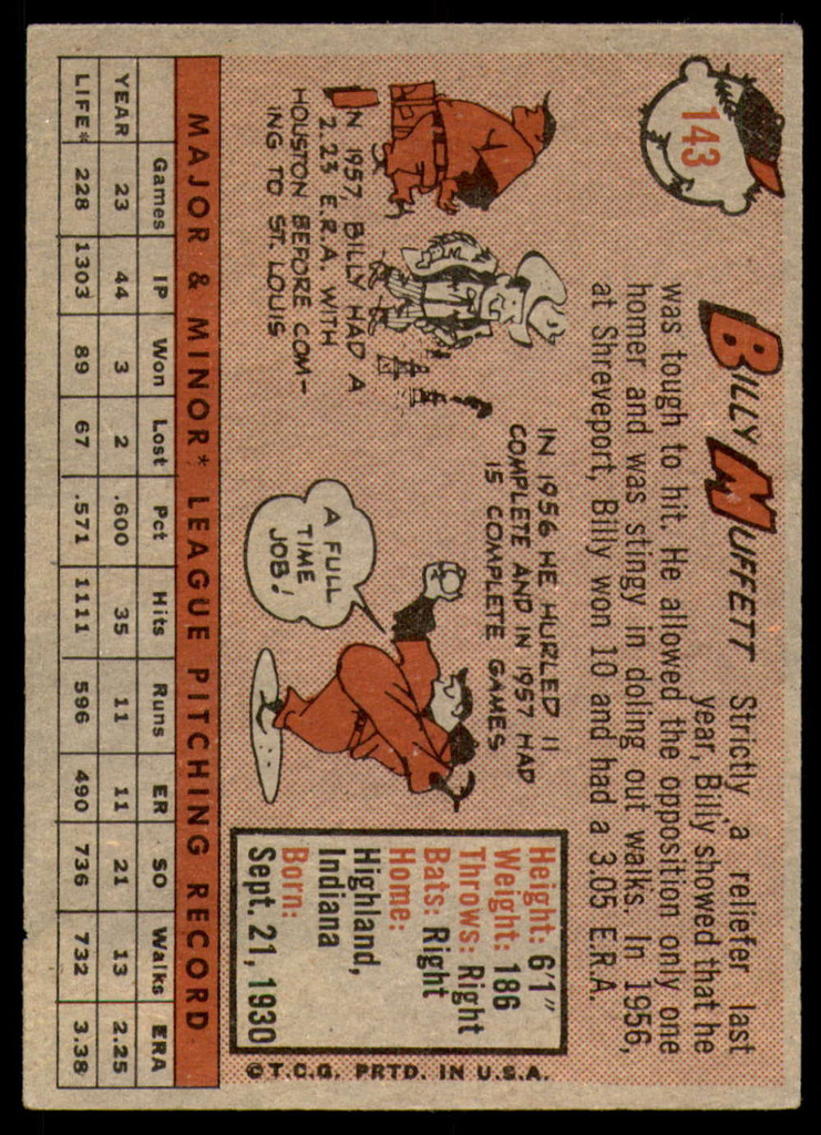 1958 Topps #143 Billy Muffett UER Very Good RC Rookie  ID: 242379