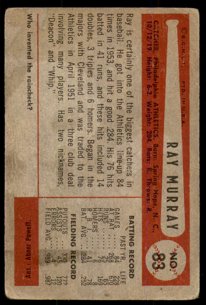 1954 Bowman #83 Ray Murray G-VG  ID: 253204