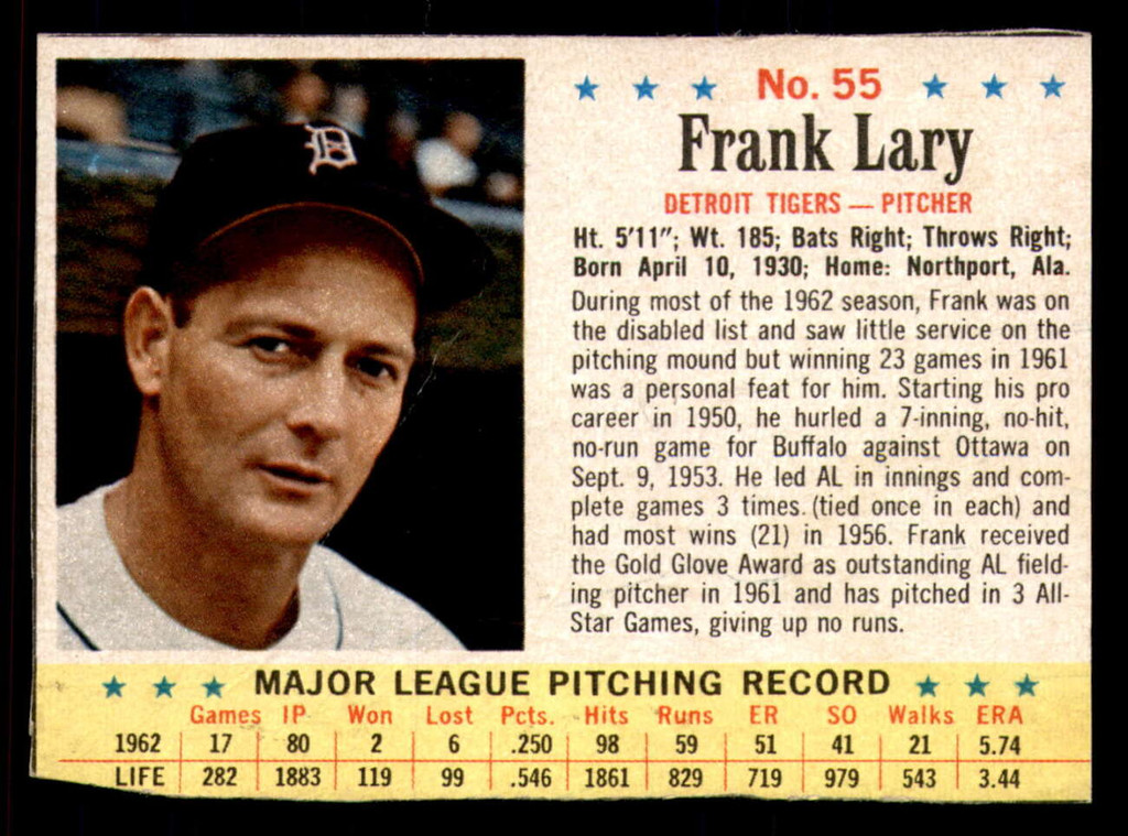 1963 Post Cereal #55 Frank Lary Very Good  ID: 280917