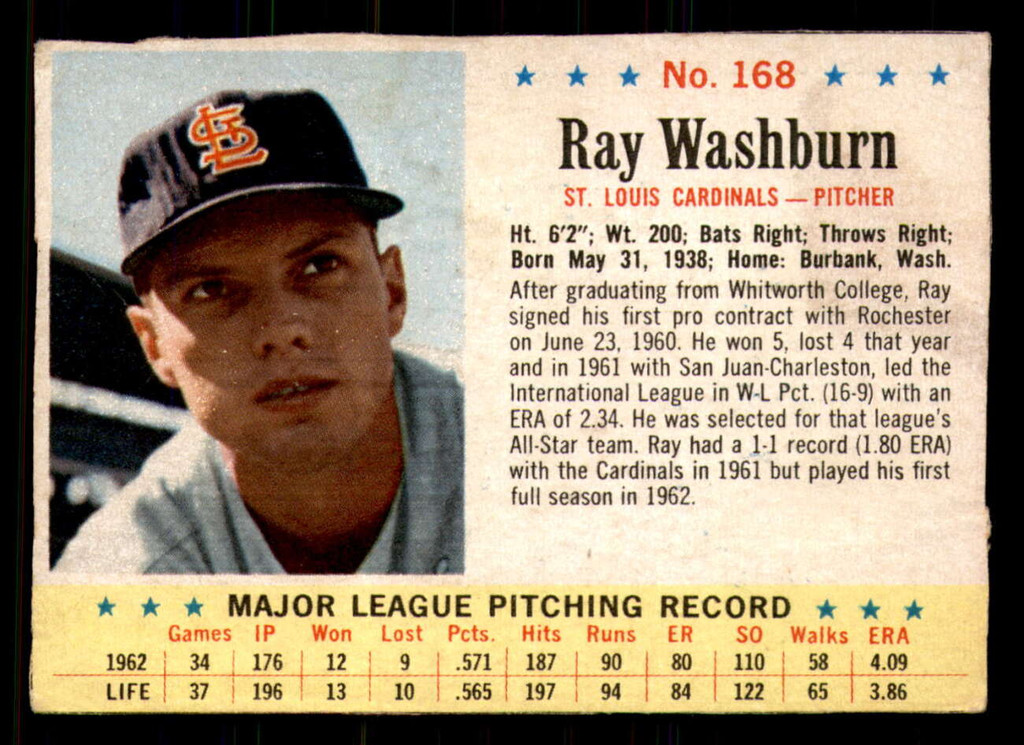 1963 Post Cereal #168 Ray Washburn Very Good  ID: 281175