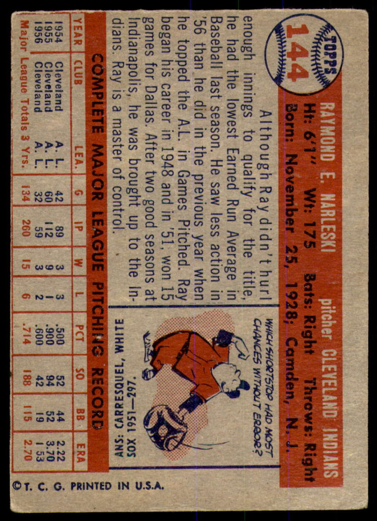 1957 Topps #144 Ray Narleski Very Good  ID: 238700