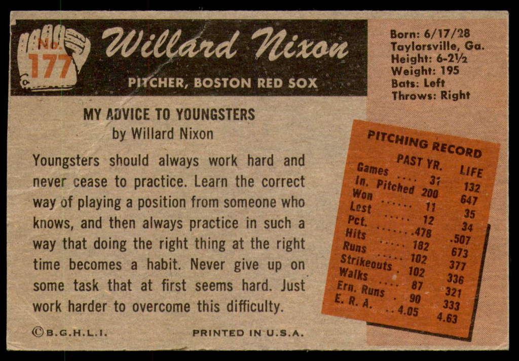 1955 Bowman #177 Willard Nixon Good  ID: 214648