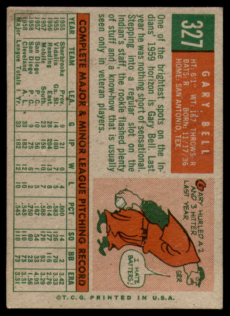 1959 Topps #327 Gary Bell Excellent RC Rookie  ID: 239503