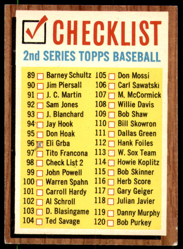 1962 Topps #98 Checklist 89-176 Marked  ID: 234653