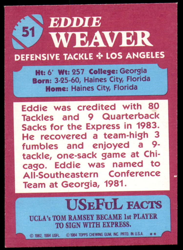 1984 Topps USFL #51 Eddie Weaver NM-Mint  ID: 263087