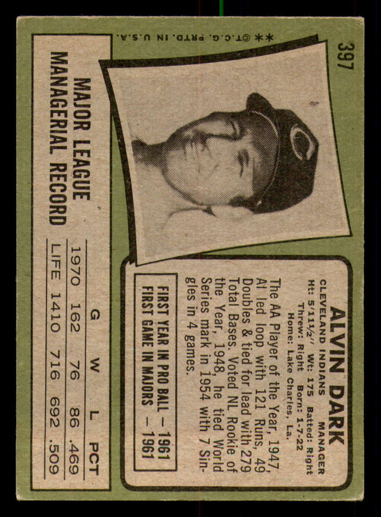 1971 Topps #397 Alvin Dark MG Excellent  ID: 293085
