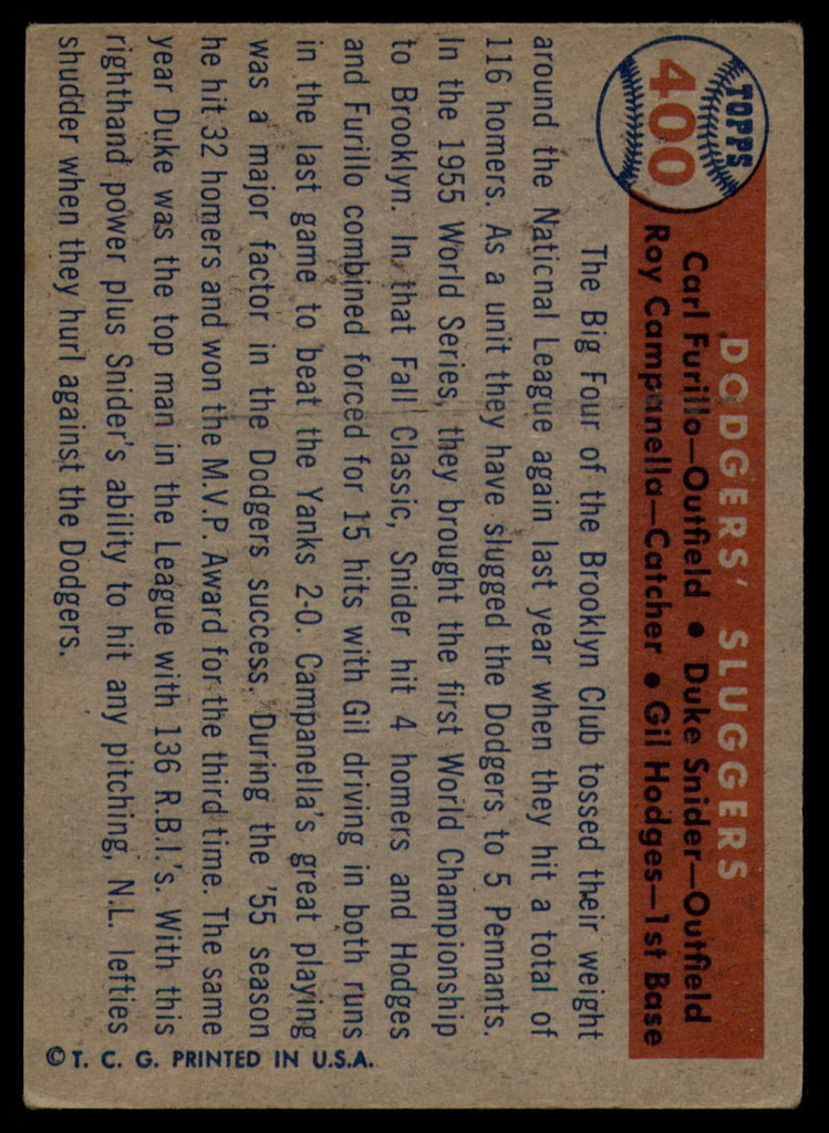 1957 Topps #400 Dodgers Sluggers EX++ Excellent++ 