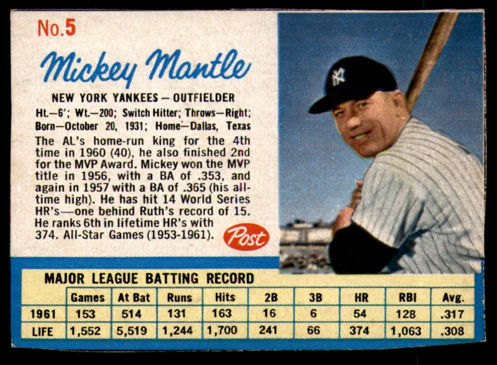 1962 Post Cereal #5 Mickey Mantle Excellent+  ID: 137119