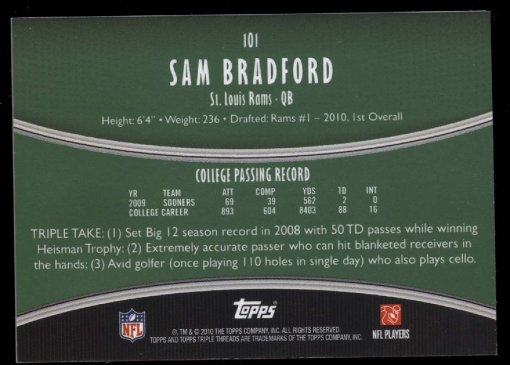 2010 Triple Threads Sam Bradford ROOKIE RC 03/50 Auto GU Jersey 3x Rams