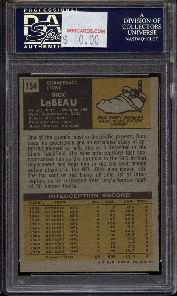 1971 Topps #154 Dick LeBeau PSA/DNA Signed Auto Lions Card
