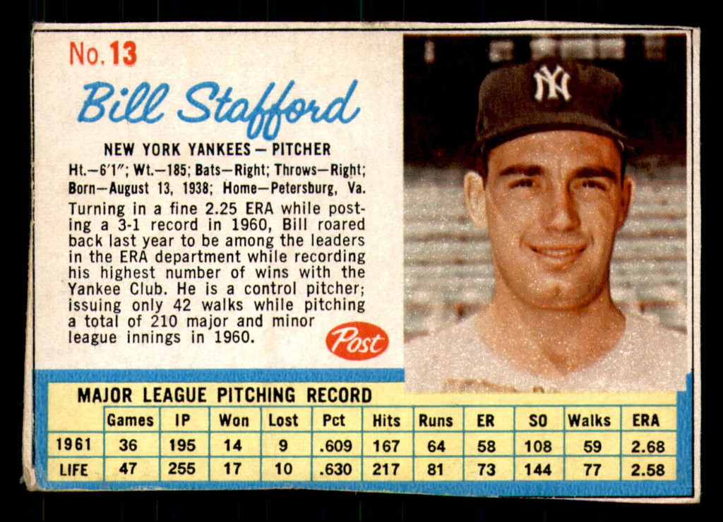 1962 Post Cereal #13 Bill Stafford Very Good  ID: 280635