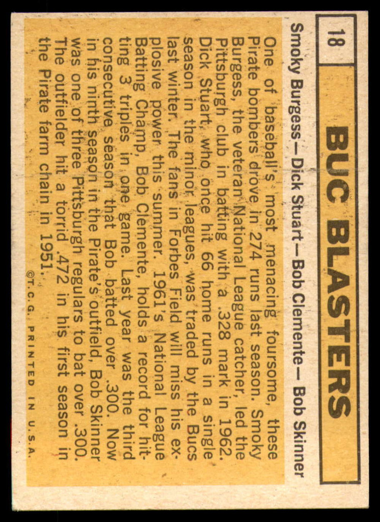 1963 Topps # 18 Smoky Burgess/Dick Stuart/Roberto Clemente/Bob Skinner Buc Blasters Excellent+  ID: 149525