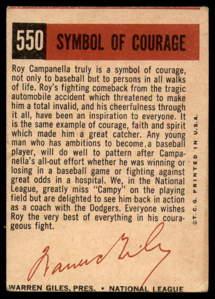 1959 Topps #550 Roy Campanella MISCUT Dodgers Symbol of Courage