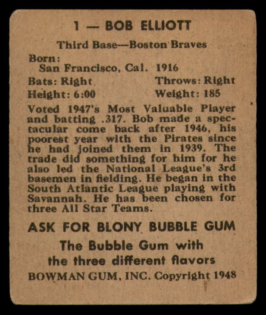 1948 Bowman #1 Bob Elliott VG-EX RC Rookie