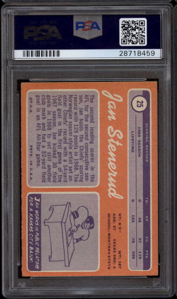 1970 Topps #25 Jan Stenerud PSA/DNA Signed Auto Chiefs ROOKIE RC *459