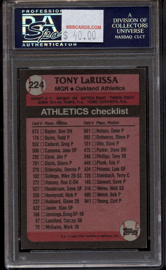 1989 Topps #224 Tony LaRussa PSA/DNA Signed Auto Athletics Card