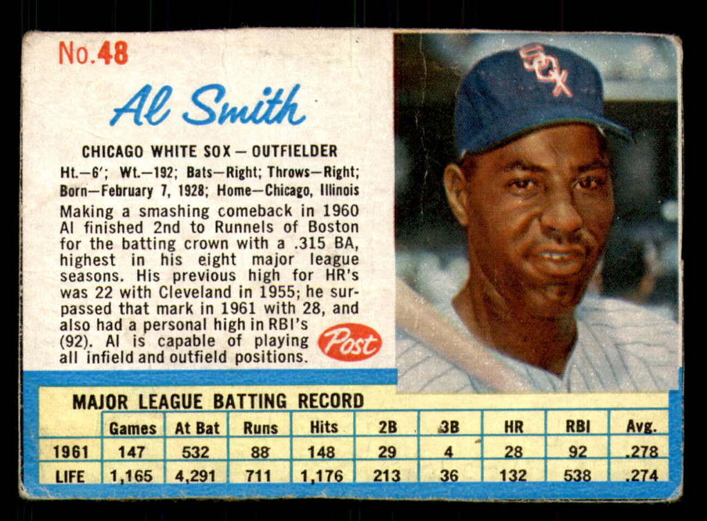 1962 Post Cereal #48 Al Smith Very Good  ID: 280661