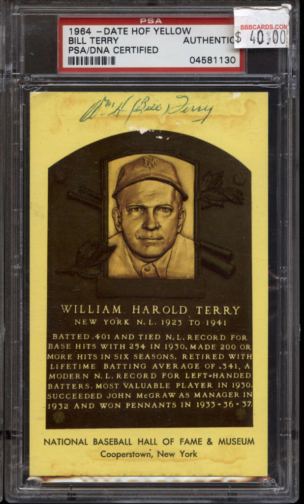 Bill Terry Yellow HOF Plaque Postcard Signed Card  PSA/DNA Auto NY Giants