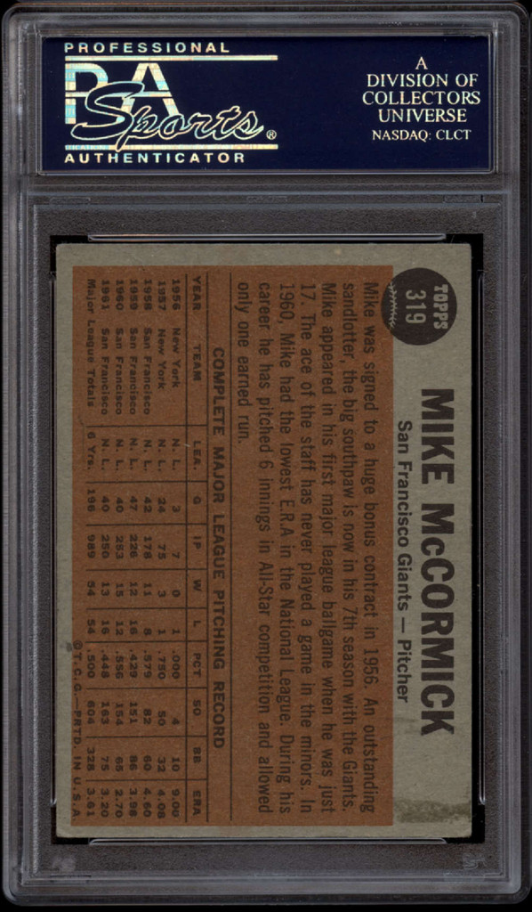 1962 Topps #319 Mike McCormick PSA/DNA Authentic Auto Shows His Stuff Card