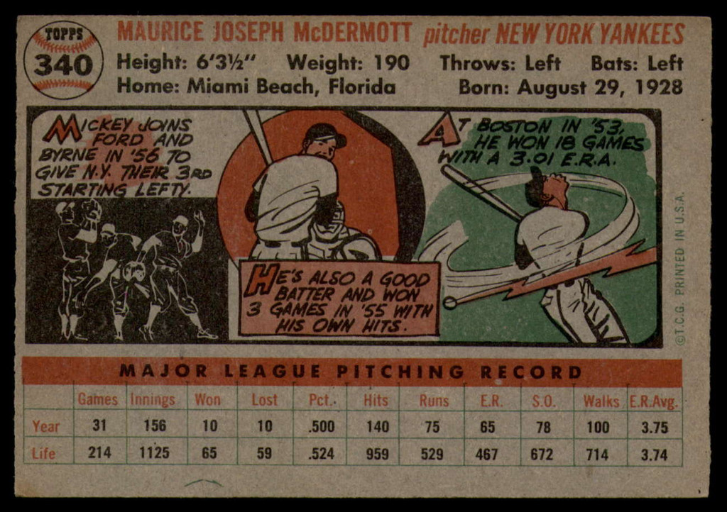 1956 Topps #340 Mickey McDermott EX Excellent  ID: 120868