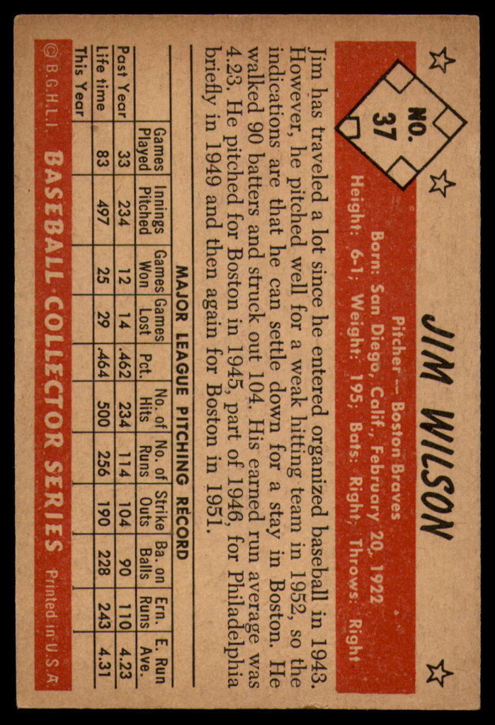 1953 Bowman Color #37 Jim Wilson Excellent+  ID: 159527