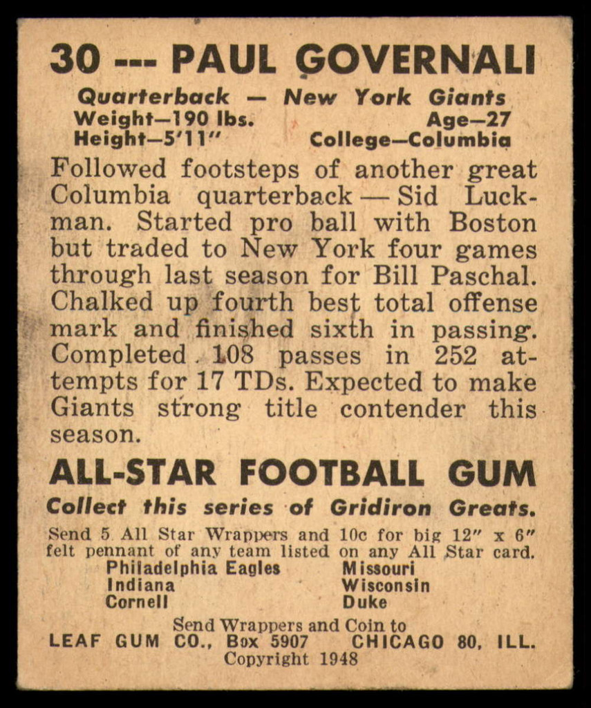 1948 Leaf #30 Paul Governali Excellent+ RC Rookie