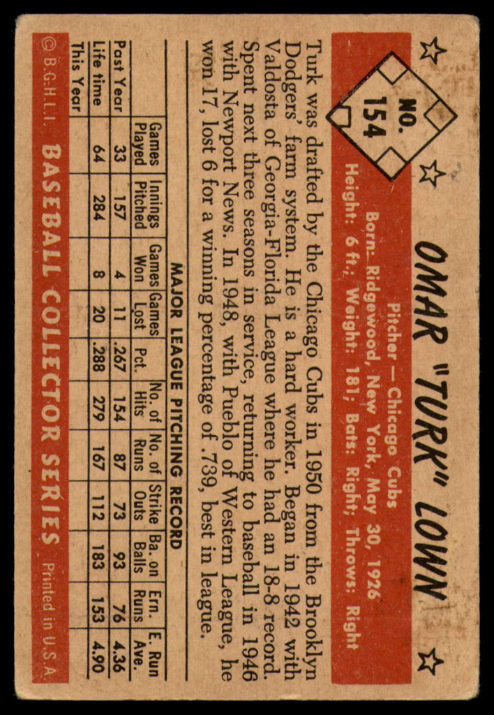 1953 Bowman Color #154 Turk Lown Very Good  ID: 134394