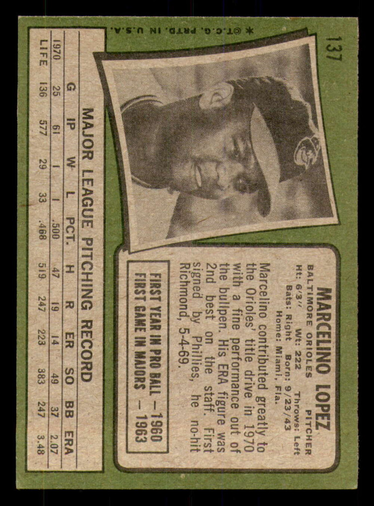1971 Topps #137 Marcelino Lopez Ex-Mint  ID: 292329