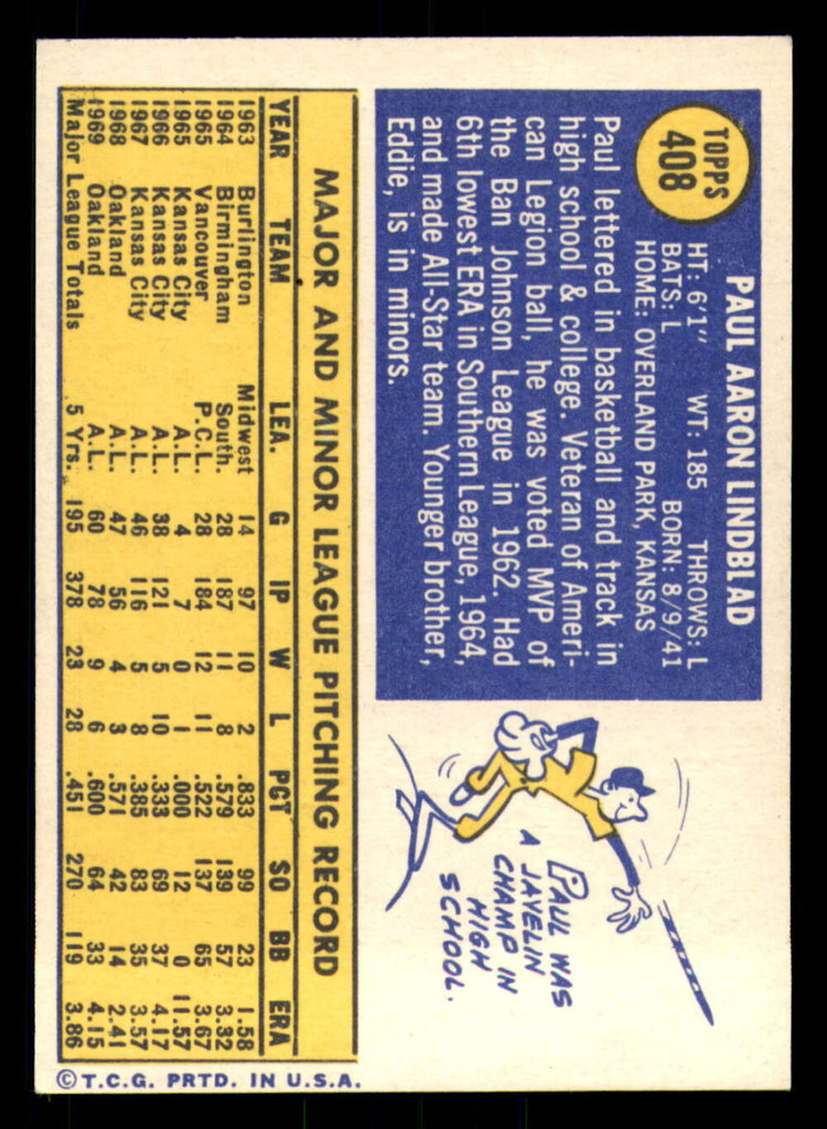 1970 Topps #408 Paul Lindblad Ex-Mint  ID: 289527