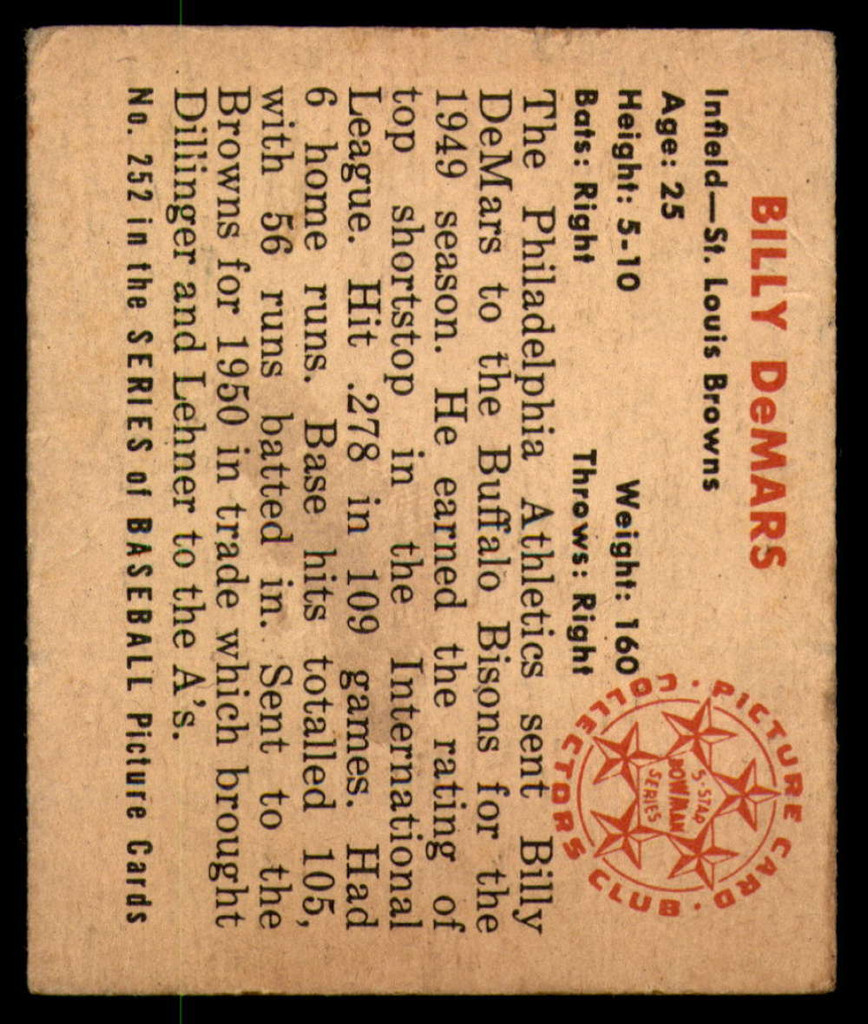 1950 Bowman #252 Billy DeMars Very Good RC Rookie 