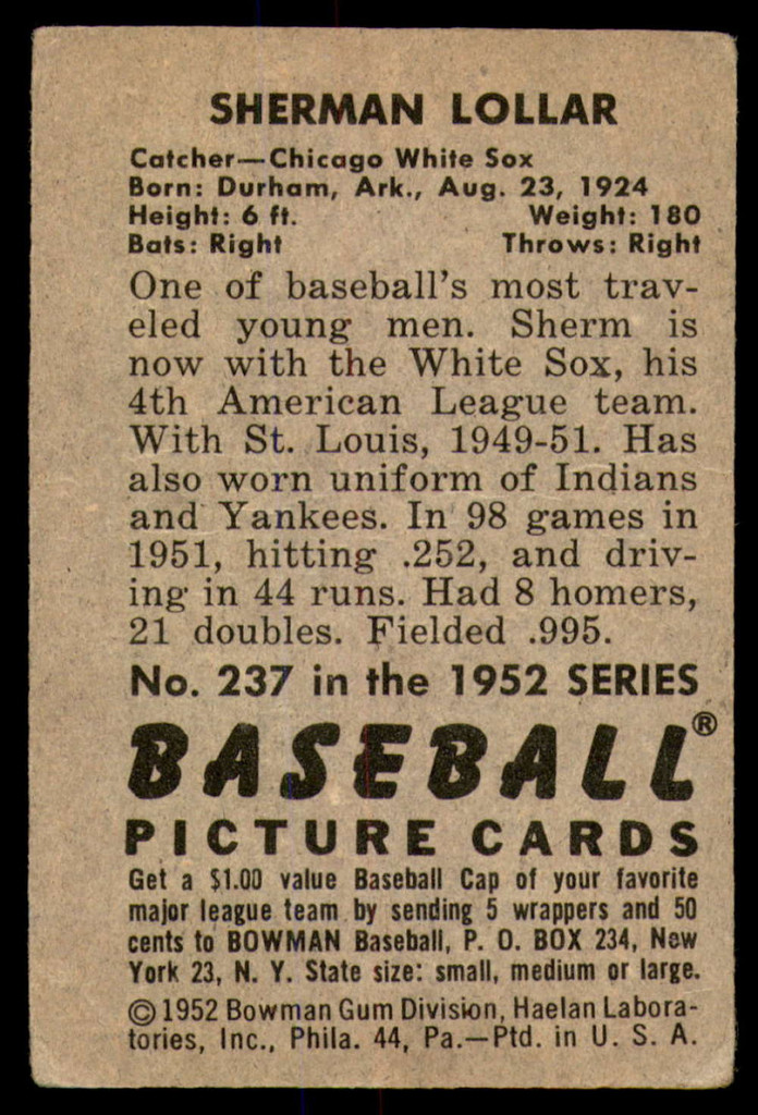 1952 Bowman #237 Sherm Lollar Very Good 