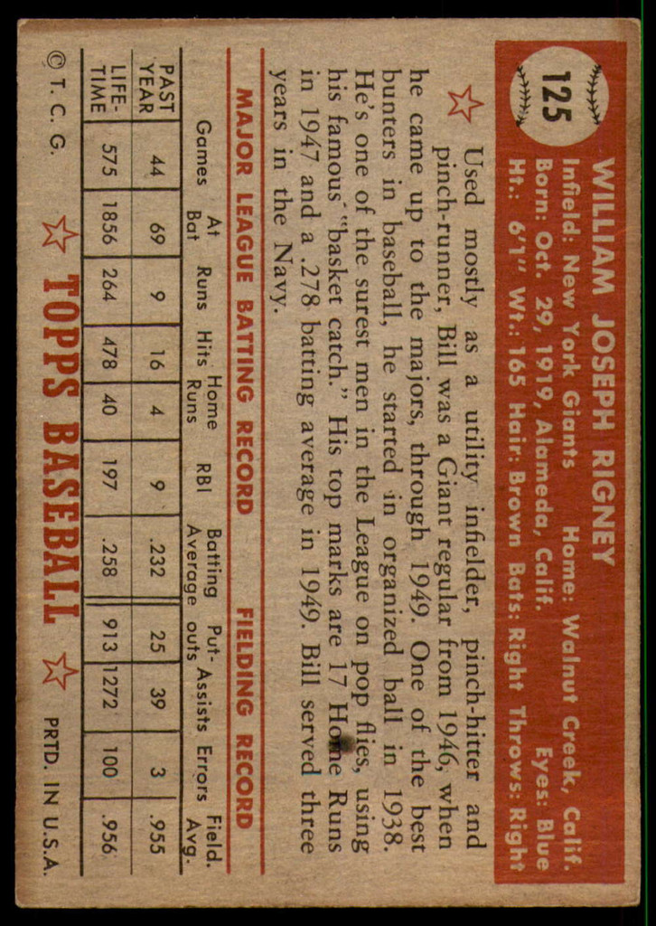 1952 Topps #125 Bill Rigney Excellent 