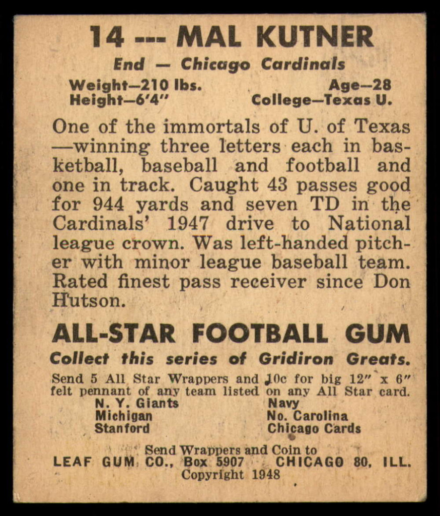 1948 Leaf #14 Mal Kutner BL Excellent+ RC Rookie