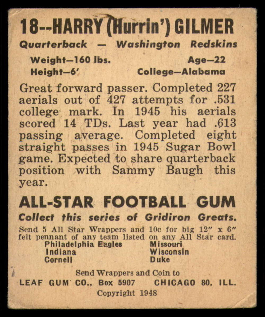 1948 Leaf #18 Harry Gilmer Very Good RC Rookie