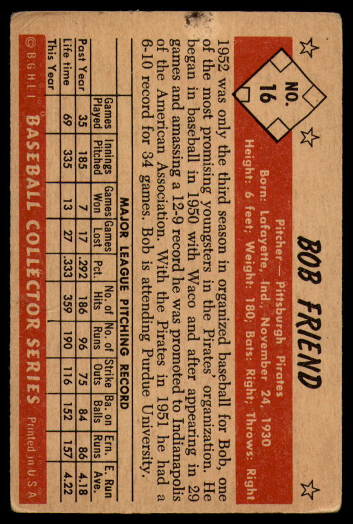 1953 Bowman Color #16 Bob Friend Very Good  ID: 137373