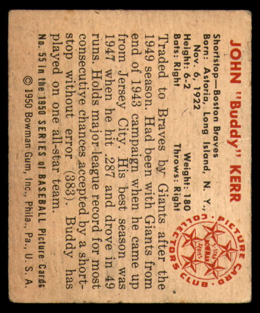 1950 Bowman #55 Buddy Kerr Very Good 