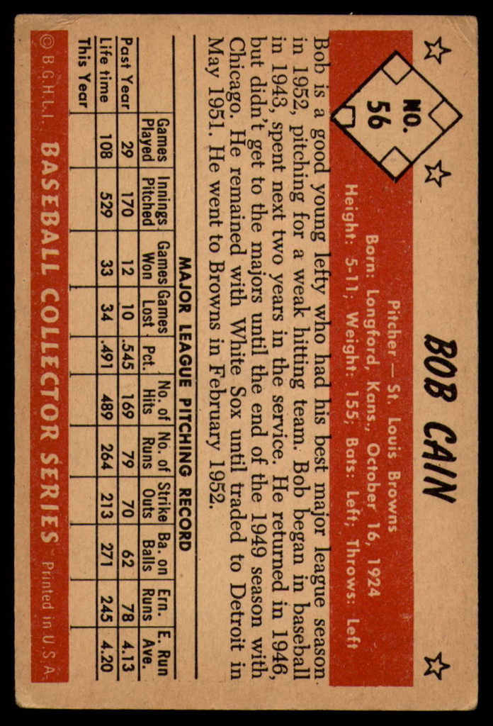 1953 Bowman Color #56 Bob Cain VG-EX 
