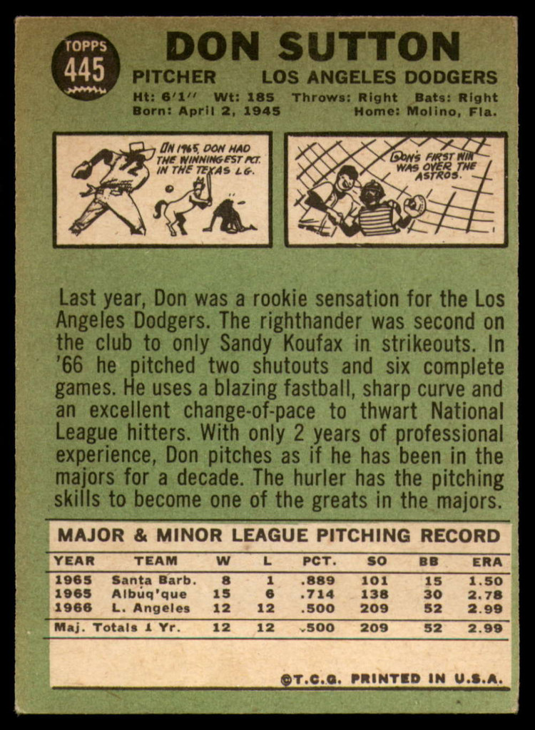 1967 Topps #445 Don Sutton Excellent+  ID: 150132