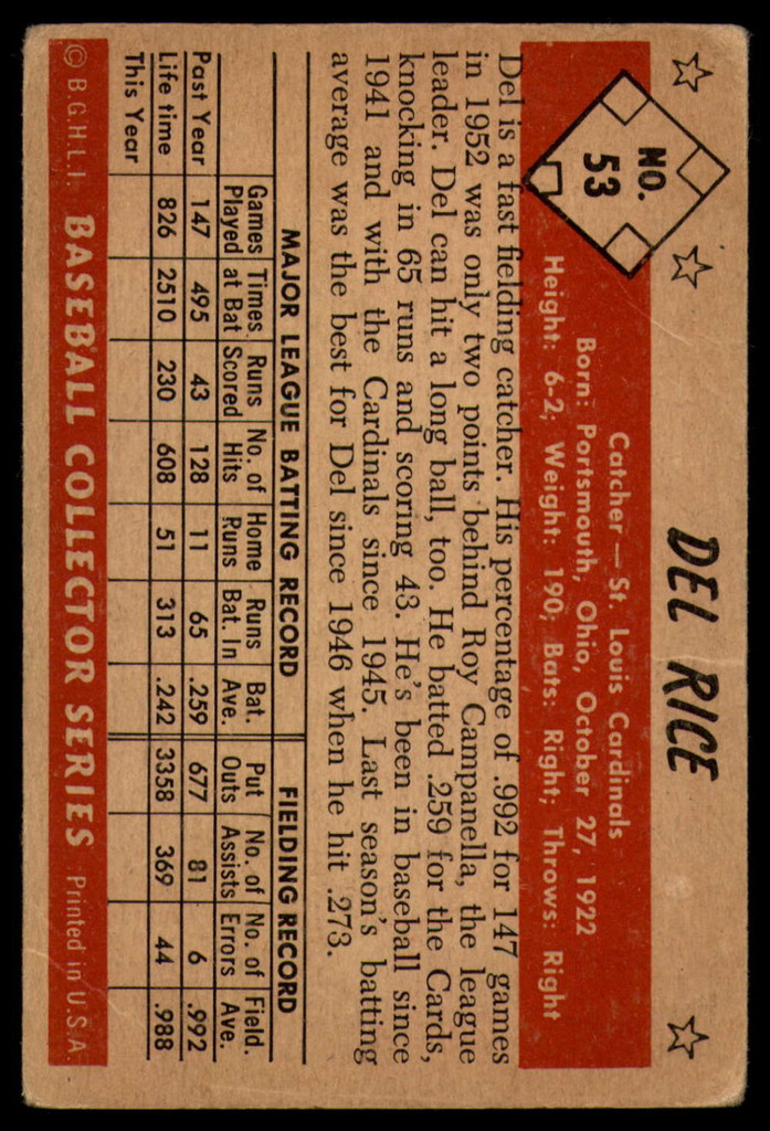1953 Bowman Color #53 Del Rice Very Good  ID: 137376