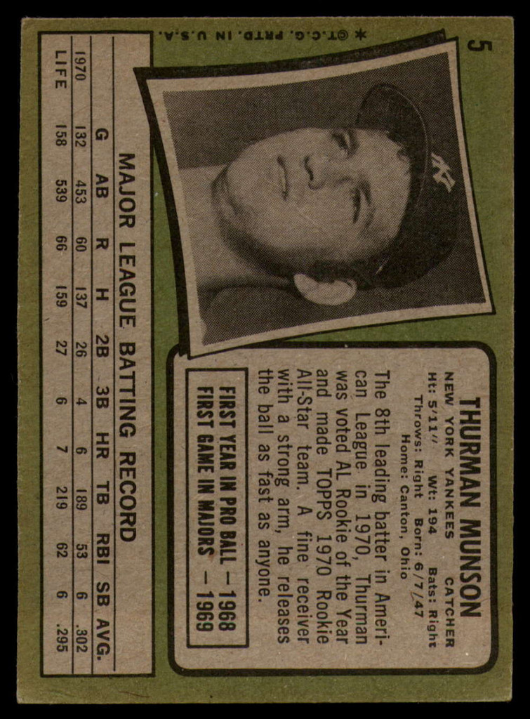 1971 Topps #   5 Thurman Munson Poor  ID: 159178