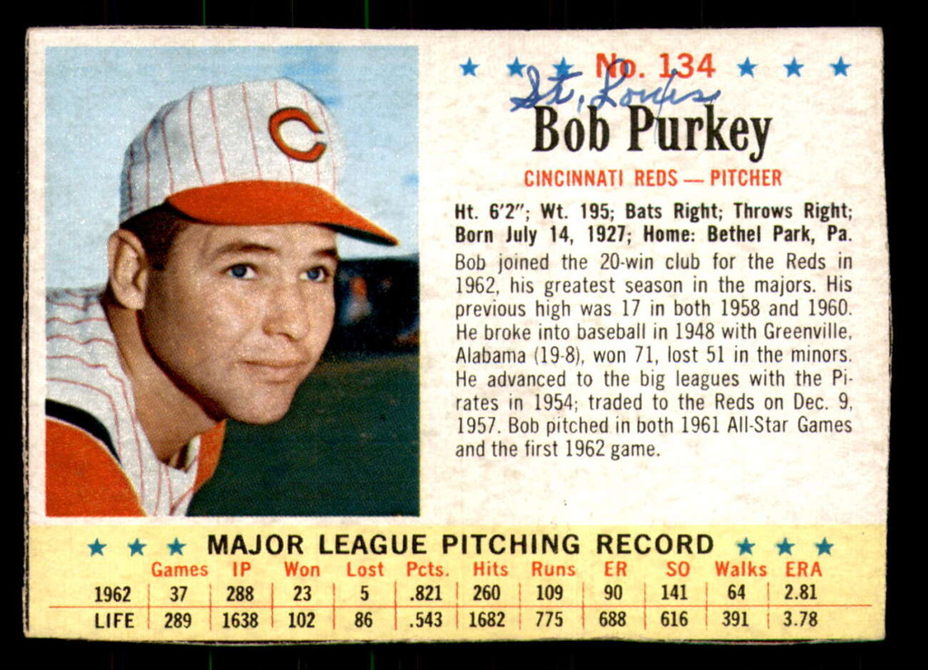 1963 Post Cereal #134 Bob Purkey Good 