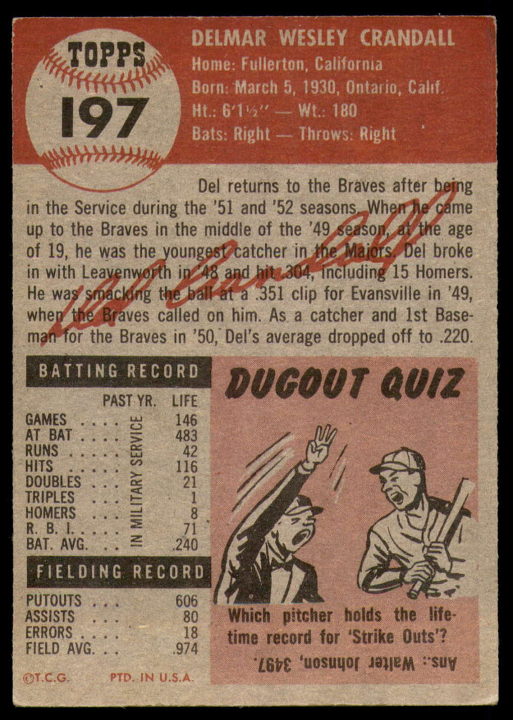 1953 Topps #197 Del Crandall Very Good  ID: 183672