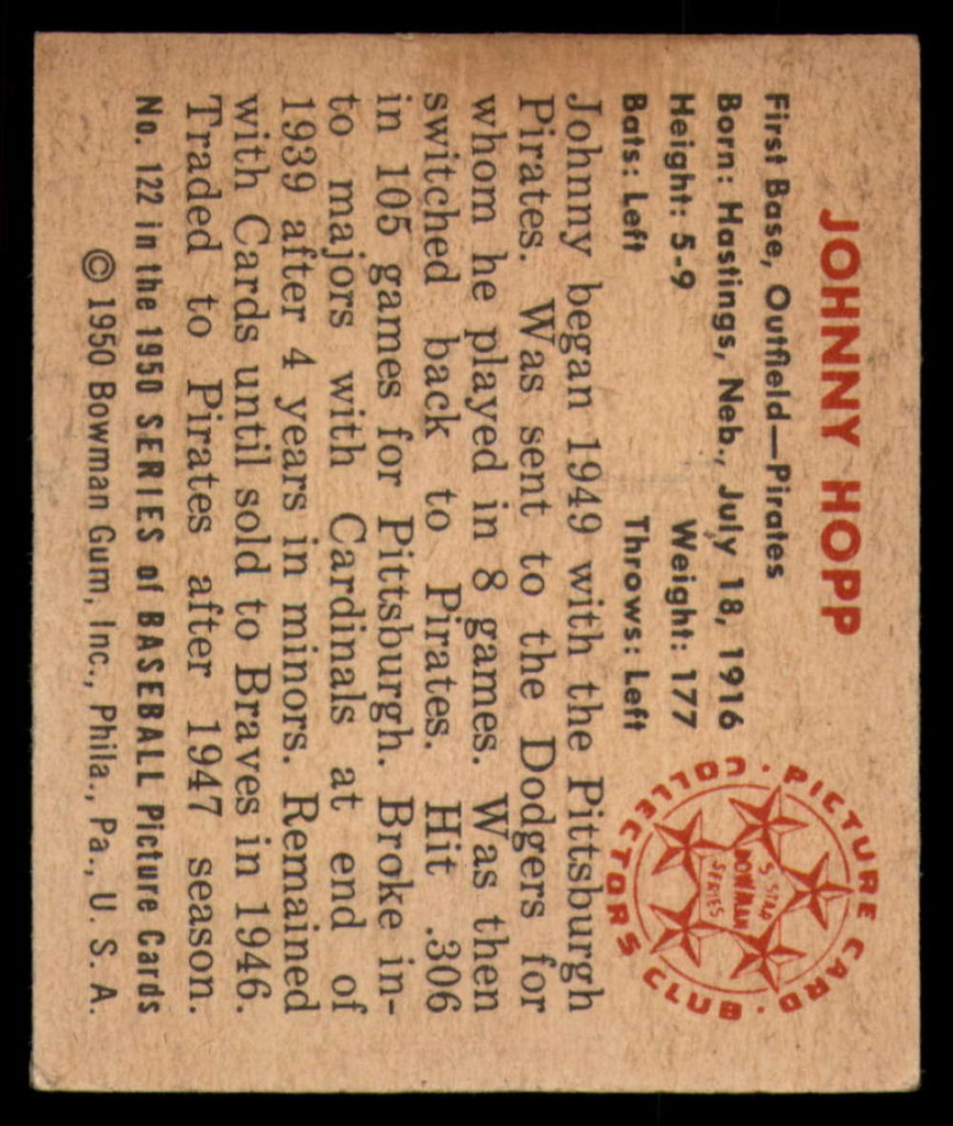1950 Bowman #122 Johnny Hopp Excellent 