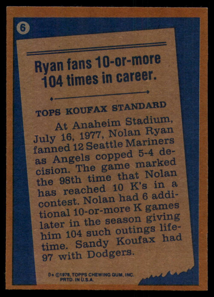 1978 Topps #   6 Nolan Ryan RB NM-Mint  ID: 145932