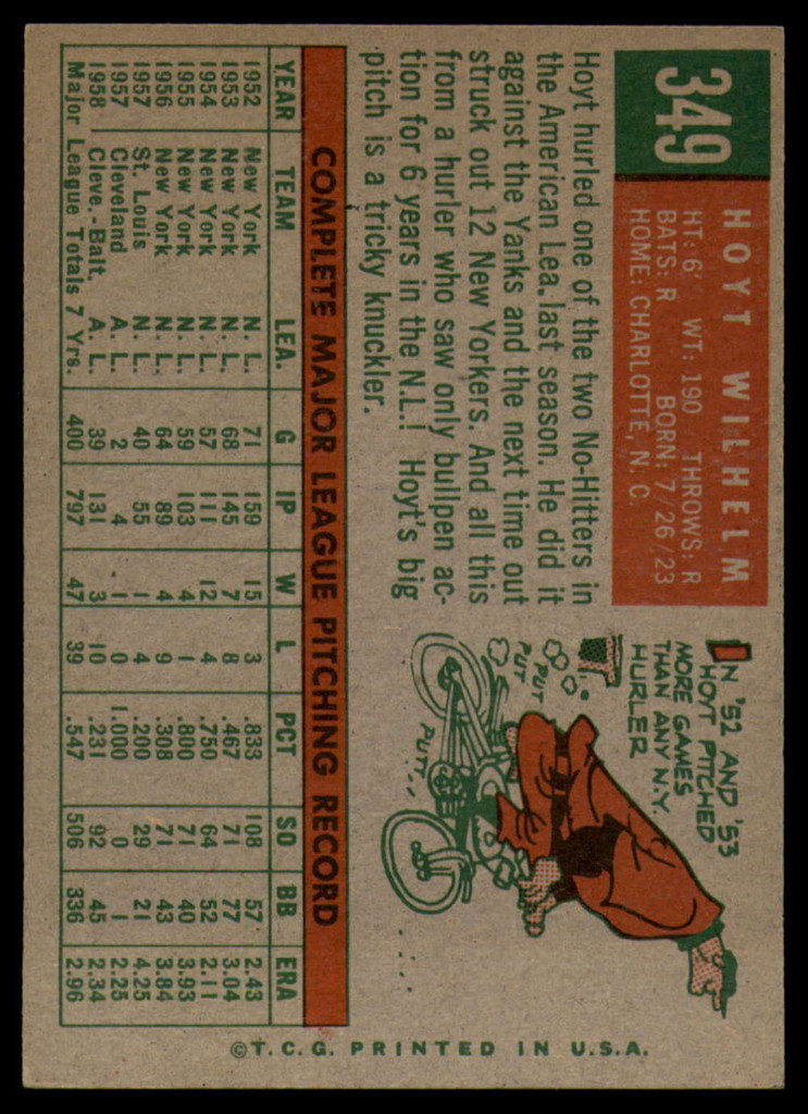 1959 Topps #349 Hoyt Wilhelm UER Excellent+  ID: 148763