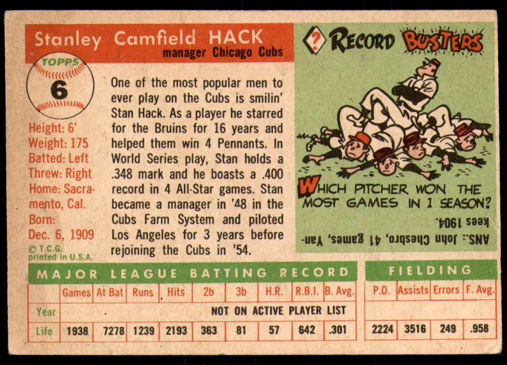 1955 Topps #6 Stan Hack MG Excellent RC Rookie 
