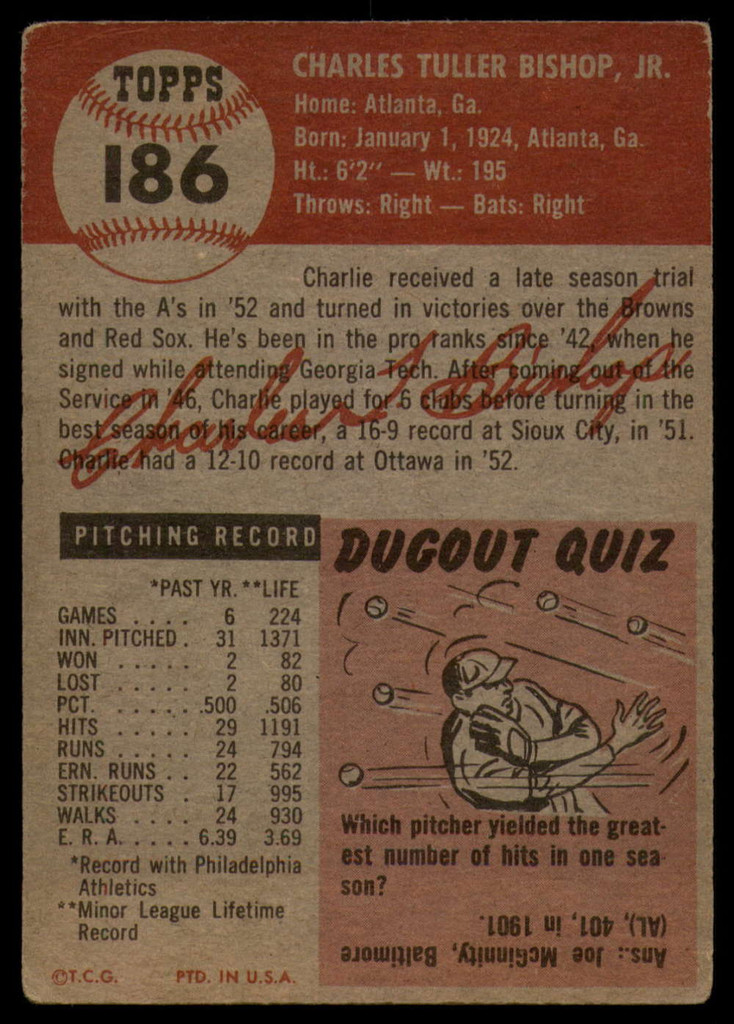 1953 Topps #186 Charlie Bishop VG Very Good RC Rookie
