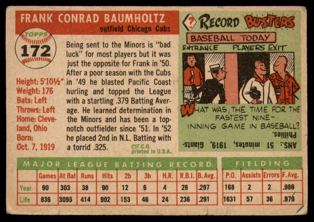 1955 Topps #172 Frank Baumholtz UER DP VG Very Good 