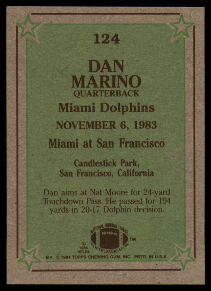 1984 Topps #124 Dan Marino IR Near Mint  ID: 151465